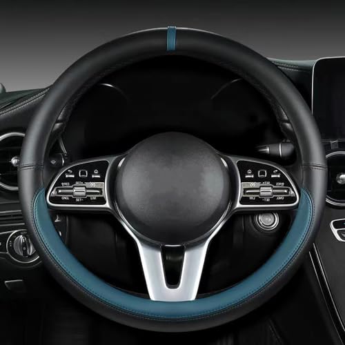 Morandi Color Steering Wheel Cover, Nappa Leather, Fashionable Sporty Style, Universal 15 inches,Black and Blue - color: Black and Blue