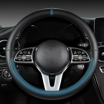 Morandi Color Steering Wheel Cover, Nappa Leather, Fashionable Sporty Style, Universal 15 inches,Black and Blue - color: Black and Blue