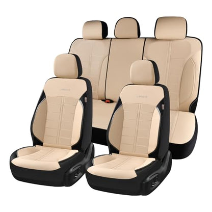 Coverado Full Set Leather Car Seat Covers, Crafted with Full Leather Construction and Carbon Fibre Weave Universal Fit for Most Cars SUV Trucks(Beige - color: Beige, size: FullSet