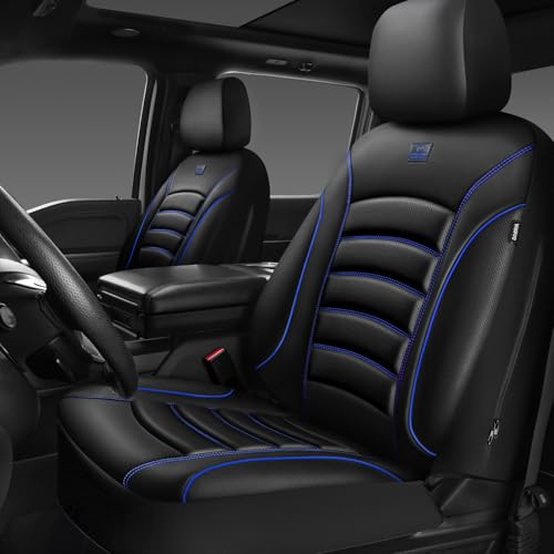 CAR PASS 3D Foam PU Leather Car Seat Covers, Universal Seat Covers Front 2 for Trucks SUV Sedan Automotive Seat Covers Armrest Airbag Compatible Waterproof Comfortable Faux Nappa Leather Black Blue - color: Black Blue, size: Two Front