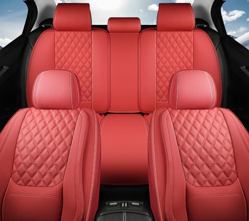 Car Seat Covers Full Set, Red Faux Leather Seat Protectors, Breathable with Lumbar Support, Wear-Resistant Universal Fit for Most Cars Trucks SUV