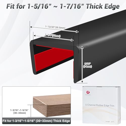 Rubber Edge Trim, 1-1/4 inch (32mm) Wide U Channel Edge Trim, Big Size U Shaped Trim, Self Adhesive Edge Banding for Plywood, Woods, Doors, Shelf, Cabinet, Countertop, Length 20Ft, Black - size: Size1-1/4"(Fit 1-3/16"~1-5/16"), L20'