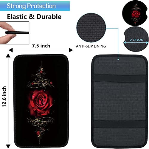 Auto Center Console Cover Pad+ 2 Coasters, Stylish Pattern Soft Car Armrest Cover Auto Center Console Pad, Car Decorative Accessory Universal Fit for Most Car/SUV/Truck, Red Rose