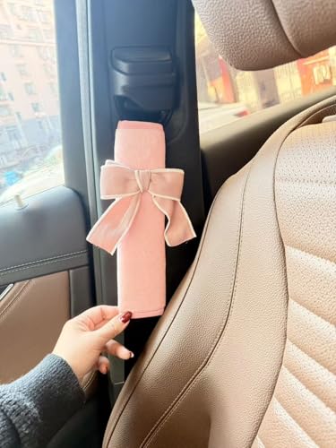 2pcs Cute Bow Tie Soft Plush Protector Shoulder Pad Styling Car Accessories Pink Princess Bow Decor Car Seat Belt Cover Gift for Sister's mom Teacher