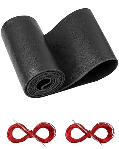 BELINOUS Leather Steering Wheel Cover Lace Up, Stitch on Steering Wheel Wrap, Universal Fit 13-20 Inch Car Truck Pickup Boat, A Whole Piece of Cowhide, DIY w/Needle Thread (Size XL0, Black & Red) - color: Black and Red, size: XL0