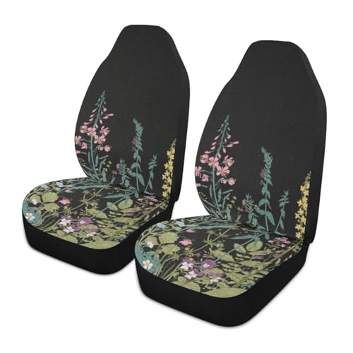 2 PCS Vintage Wildflower Car Seat Covers Retro Botanical Floral Flower Plant Herbs Sage Green Leaves Vehicle Seat Protector Cushion Cover Universal Car Accessories for SUV Truck Sedan - color: Pink Green Yellow