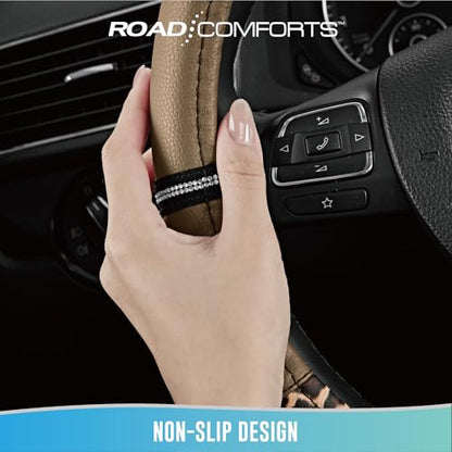 Road Comforts Leopard Steering Wheel Cover for Women, Cute Anti-Slip Microfiber Leather, Universal Fit 14.5-15 Inch Round Steering Wheel - Beige - color: Round Beige