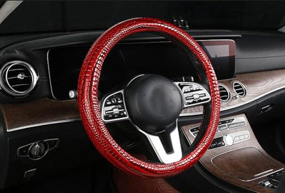 Luxury Crocodile Texture Glossy Leather Car Steering Wheel Cover, New Universal 15 Inch Vehicle Steering Wheel Cover for Cars, Trucks, Suvs, Pickups Interior Accessories (Red) - color: Red