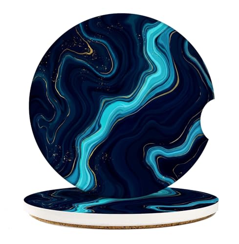 Britimes Car Coasters for Drinks Absorbent, 2 Pack Cup Holders, 2.56" Ceramic Stone & Non-Scratch Cork Base Coasters Cupholder, Auto Accessories for Women & Men, Blue Marble Gold Indigo Ocean - color: Navy Blue 1