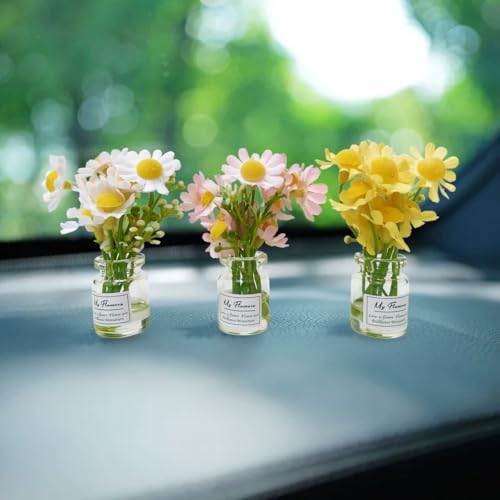 Set of 3 Mini Daisy Flowers in Glass Vase Cute Car Accessories for Rear View Mirror & Dashboard Decorations Funny Car Interior Ornaments for Women Gifts (01#) - color: 01#