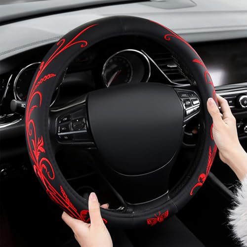 Red Embroidery Butterfly Car Steering Wheel Cover,14.5-15 Inch Universal Leather Covers Breathable Anti-Slip Odorless Steering Wheels Accessories for Men Women - color: Embroidery Red