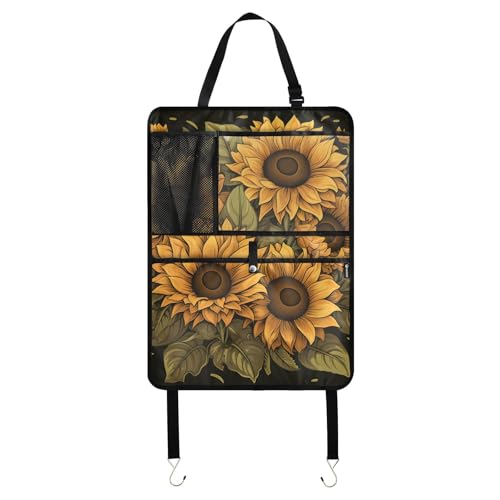 JIPONI Car Backseat Organizer, Sun Flowers Automotive Back Seat Protector, Kick Mats with Storage Pockets for Kids Pets, Road Trip Accessories - color: Sunflowers 2, size: 1 Pack