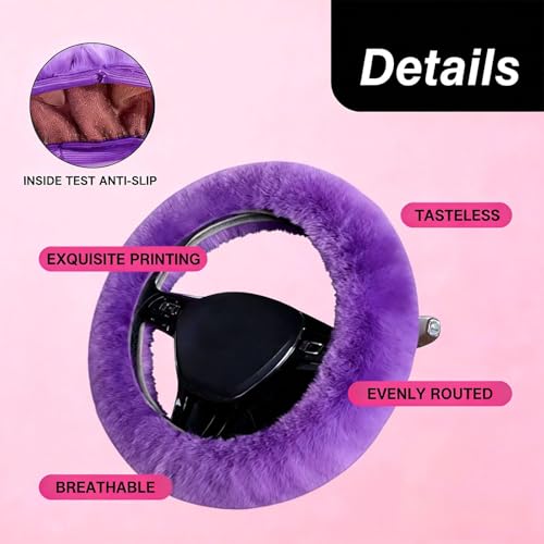 1 Set 6 Pcs Fluffy Car Steering Wheel Cover & Seat Belt Shoulder Pads & Handbrake Cover & Gear Shift Cover Set & Seat Belt Shoulder Pads Faux Wool Universal Fit Car Interior Accessories (Purple) - color: Purple