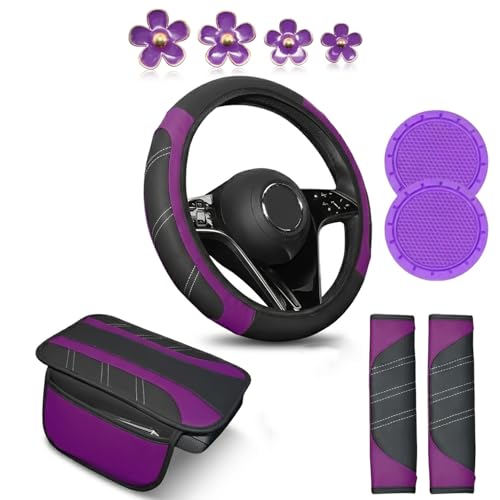 10PCS Car Interior Accessories Sets,Steering Wheel Cover, Seat Belt Cover Pads, Center Console Cover,Cup Holder Coasters,Air Vent Decorative Clip(Purple) - color: Purple