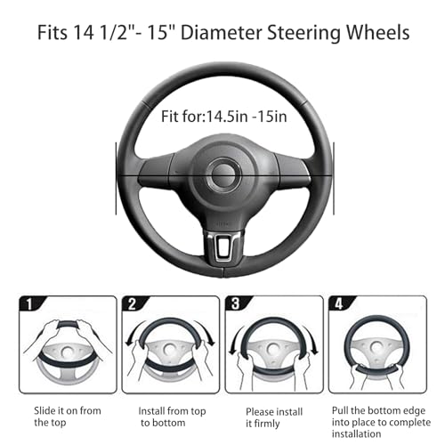 Black Genuine Leather Car Steering Wheel Cover Men Women,Cowhide Wheel Cover,Soft,Breathable,Anti-Slip,Luxury Steering Wheel Cover,Universal Standard Size 14.5-15 inch(M)