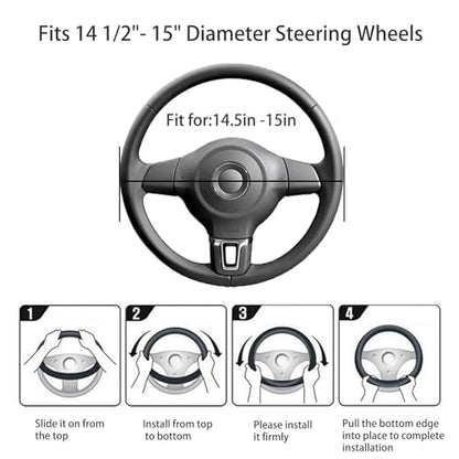 Black Genuine Leather Car Steering Wheel Cover Men Women,Cowhide Wheel Cover,Soft,Breathable,Anti-Slip,Luxury Steering Wheel Cover,Universal Standard Size 14.5-15 inch(M)