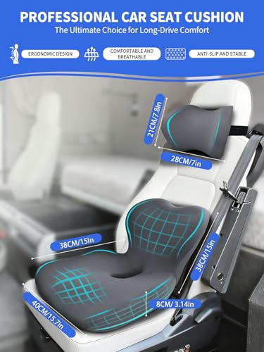 Nicecastle 3-in-1 Truck Seat Cushion Headrest Set Ergonomic Memory Foam Car Seat Cushion with Adjustable Straps Hip Back Head Support for Long Driving Semi Truck Car Office Wheelchair