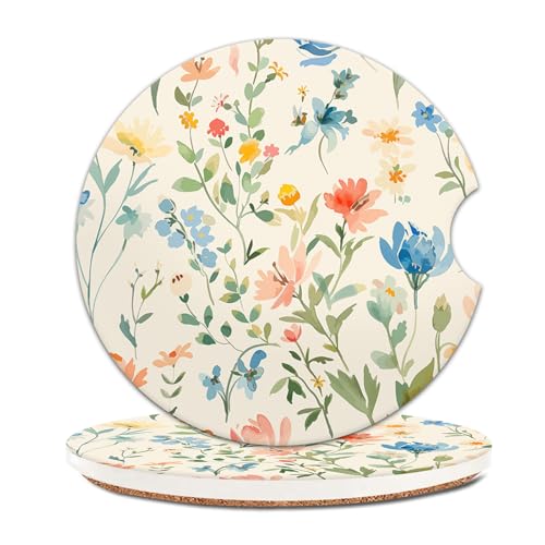 COYEUX Absorbent Car Cup Holder Coaster 2 Pack, Funny Car Accessories Interior, 2.56" Cute Car Coasters with a Finger Notch for Women & Men Colorful Floral - color: Colorful Floral