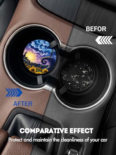 Car Coasters for Cup Holders - 2 Pack 2.75" Universal Rubber Car Cup Coaster, Non-Slip Waterproof Car Interior Accessories, Cute Car Decor Gifts for Women and Men (Sunflower Starry Sky)