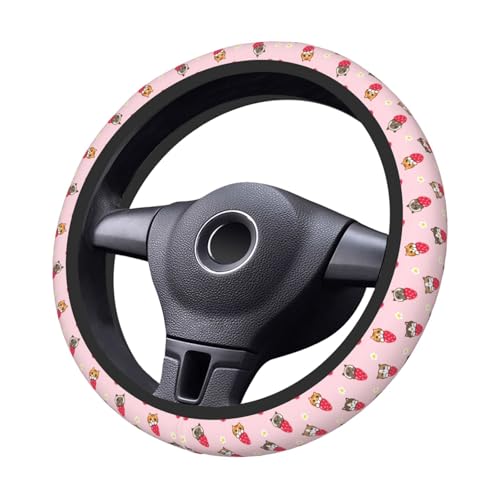 Cute Strawberry Cat Elastic Steering Wheel Cover Non-Slip Breathable Steering Wheel Protector Fit Auto, SUVs, Truck - color: Cute Strawberry Cat