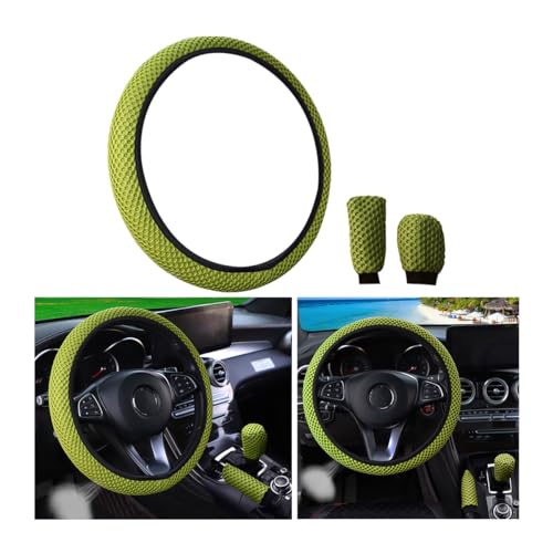 Bittwee 3PCS 15Inch Car Steering Wheel Cover Armrest Cover Gear Shift Cover Set, Microfiber Breathable Anti-Slip Automotive Steering Wheel Protector, Vehicle Interior Decor, Universal Fit（Light Green） - color: Light Green