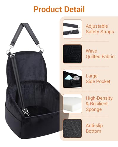 Dog Car Seat for Small Medium Dogs, Dog Booster Seat with Extendable Backrest, Pet Portable Car Seats up to 30 lbs, Washable Travel Bed with Storage Pockets and 2 Safety Leashes, Black - color: Black