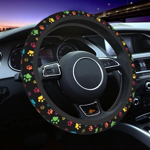 Dog Paw Print Steering Wheel Covers Universal 15 inch Non Slip Neoprene Steering Wheel Protector Cover for Men Women Car Truck - color: Black15