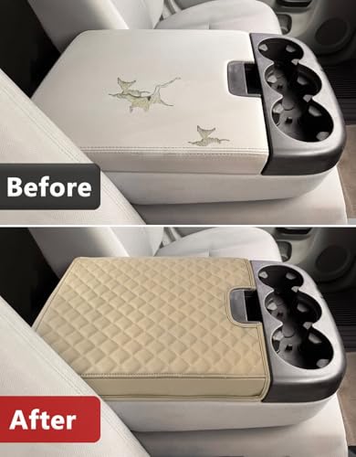 KBH Center Console Armrest Cover for 2007-2013 Chevy Silverado & Tahoe & Suburban, GMC Sierra & Yukon, Middle Console Lid Cushion, PU Leather, Anti-Scratch, Beige (Fits Jump Seat Console)