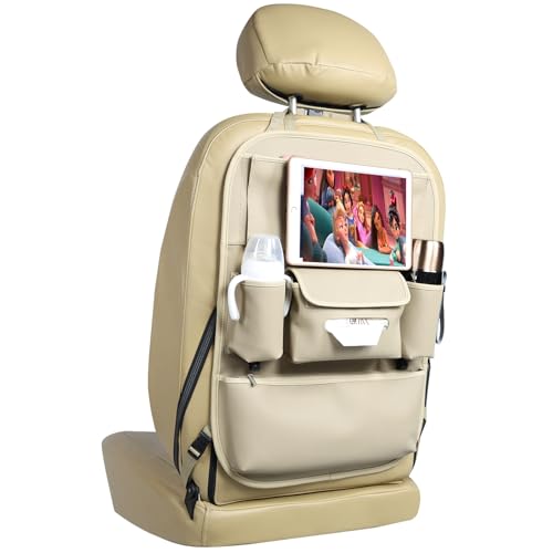 Car Seat Organizers Waterproof Backseat Protector with Storage Pocket Large Leather Kick Mats for Kids Pets Automobile SUV Truck (Beige, Large Pocket) - color: Beige