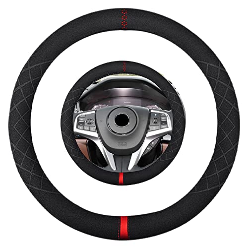 Suede Steering Wheel Cover,Compatible with Acura RLX RDX MDX ILX CDX PLX NSX TLX TLX-L Suede Leather Sport Non-Slip Wheel Cover Car Interior Accessories 15 inch for Man and Women - color: Fit Acura O Shape Suede Red Mark in Black, size: 15 inch