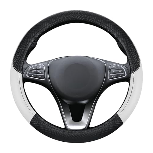 Black & White Car Steering Wheel Cover, Microfiber, Leather Patchwork, Universal 14.5-15 Inch Leather Anti-Slip Breathable Auto Steering Wheel Covers for Men Women - color: Black & White