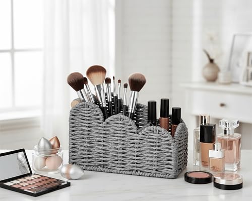 CubesLand Bedside Table Desk Organizer Caddy, Remote Pen&Pencil Holder Cup, Makeup Brush Holder w/Scalloped Perfect for Home, Office Desk, Living Room Table Decor, 3 Slots Grey - color: Grey