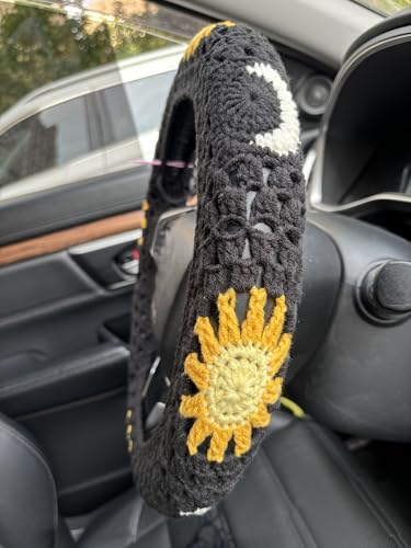Handmade Crochet Sun Moon Car Steering Wheel Covers Universal 14-15 inch,Cute Steering Wheel Cover,Car Accessories (Black Steering Wheel Cover) - color: Black Steering Wheel Cover