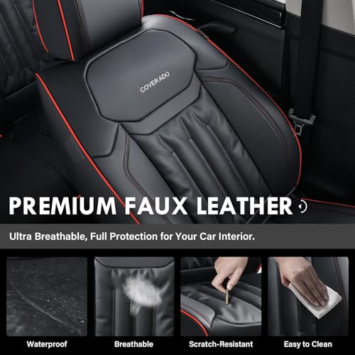 Coverado Car Seat Covers, Nappa Leather Waterproof Seat Cover, Car Seat Protector, Automotive Seat Covers Universal Fit for Most Cars, (Front, Black&Red Line)