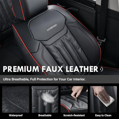 Coverado Car Seat Covers, Nappa Leather Waterproof Seat Cover, Car Seat Protector, Automotive Seat Covers Universal Fit for Most Cars, (Front, Black&Red Line)