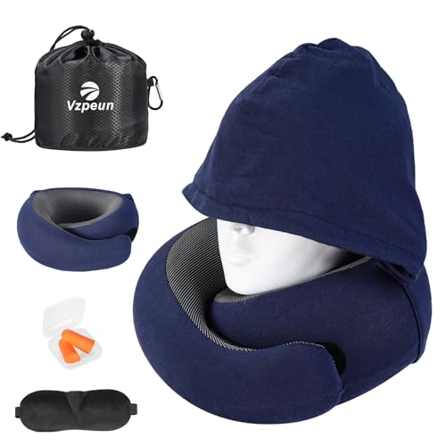Travel Pillow - Hooded Neck Pillow Airplane Memory Foam Filling for Plane, Office, Cars Sleeping, Road Trip, Long Flights, Airplane Travel Essentials, Includes Eye Mask & Earplugs (Navy) - color: Navy