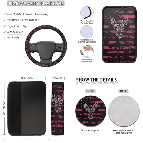 16 Pcs American Flag Printed Car Accessories Set for Women Men, Camo Deer Print Car Seat Cover Set with Steering Wheel Cover Seat Belt Cover Armrst Cover Car Seat Headrests Cover Cup Coaster - color: Pink and Black - American Flag Camo Deer