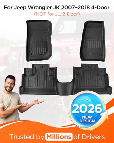 Car Floor Mats for Jeep Wrangler JK Unlimited: 2007–2018 4-Door (NOT for JL/2-Door or 4x4), Custom Fit for Unilmited Sahara Rubicon All-Weather Anti-Slip Floor Liners, 1st & 2nd Row