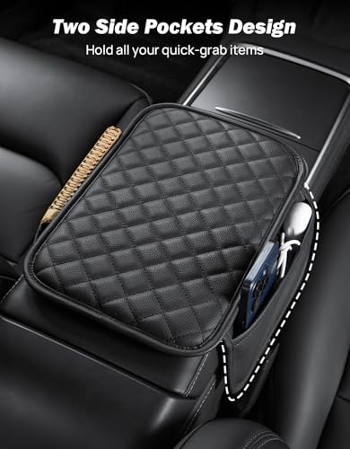 JOYTUTUS Center Console Cover with Storage Bag for SUV Sedan Car, Thin Middle Console Cover Arm Rest Pad, Leather 12.6" x 7.75" x 0.66"
