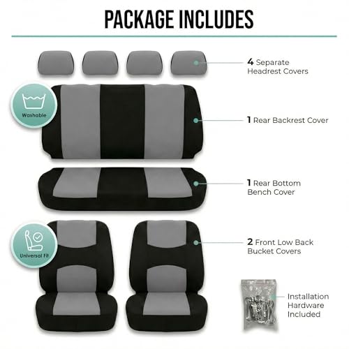 FH Group Bright Flat Cloth Full Set Automotive Seat Covers Front Set and Rear Solid Bench Gray Black Seat Covers w. Gift Universal Fit Interior Accessories for Cars Trucks and SUVs - color: Gray