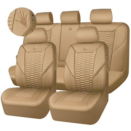 CAR PASS 3D Foam PU Leather Car Seat Covers Full Set,Tan Breathable Faux Leather Seat Covers for Car,Anti Slip Universal Fit for SUVs Vans Sedan Truck Automotive,Armrest Airbag Compatible All Beige - color: Beige, size: Full Set
