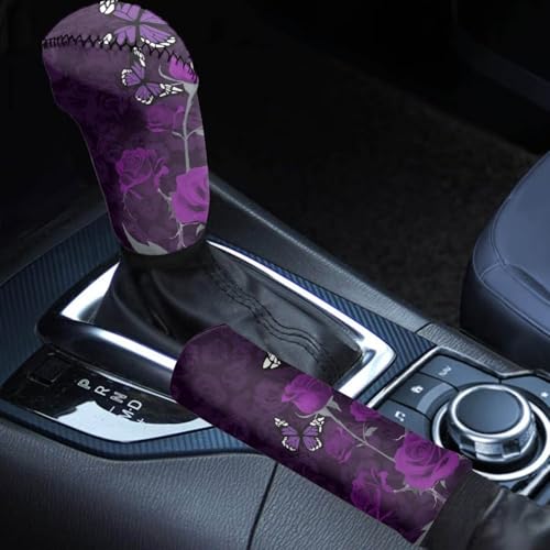 Butterfly Rose Purple Print 2 Pack Car Shift Knob Cover Handbrake Cover Wear-Resistan Auto Shift Lever Handle Protector Universal Case Sleeve Hand Protector Vehicle Decoration - color: Butterfly Rose Purple