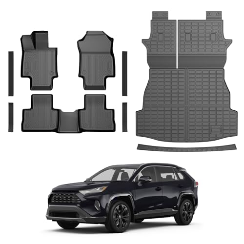RAV4 Floor Mats - Car Mats for Toyota RAV4 2019-2025, All Weather Floor Mats Cargo Liner with Backrest Mat and Door Sill Guards for RAV4 Accessories, Heavy Duty Rubber Mats - size: 1)Toyota RAV4 19-25 Full Set