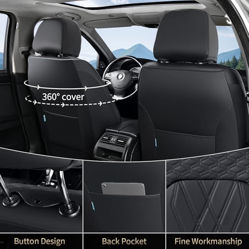 Leather Cars Seat Covers Full Set, Waterproof Automotive Seat Covers Seats Full Wrapping Edge Seat Cushion Non-Slip Breathable Universal Fit for Most Car Truck SUV Seat Protection, Black - color: Black, size: FullSet