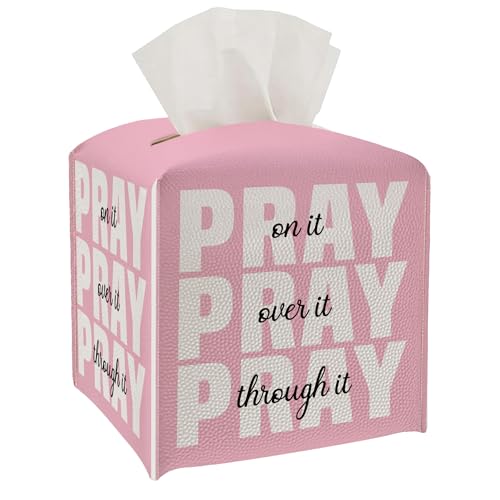 Tissue Box Cover - Pray on it PU Leather Tissue Box Holder with Elastic Bottom Strap,5.2x5.2Inch Tissue Box Decor for Bathroom Countertop, Nightstand, Dresser, Office Desk, Car, Bedroom (Pink&White) - color: Pink&white