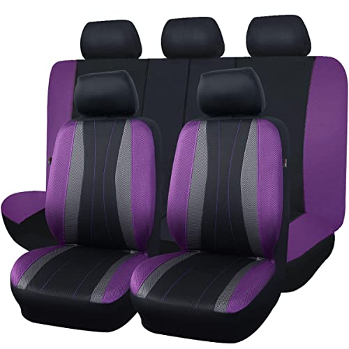 Flying Banner car seat Covers Full Set All Air Mesh Breathable Man Lady Airbag Compatible Rear Bench Split 40/60 50/50 60/40 Truck Pick Up (Full Set - Low Back, Black Gray Purple) - color: Black Gray Purple