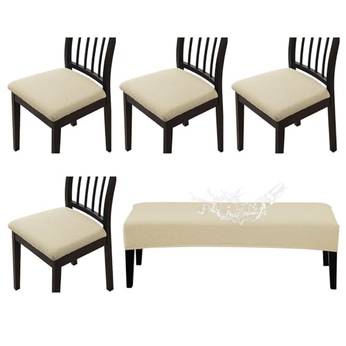 CALBODE Waterproof Seat Covers Set of 4 with Stretch Bench Slipcover, Removable Dining Chair Cushion Slipcovers for Home, Restaurant, Banquet,Washable Kitchen Chair Seat Cushion Protector(Beige, 5PCS) - color: A05beige, size: 5 PCS-TPU Waterproof