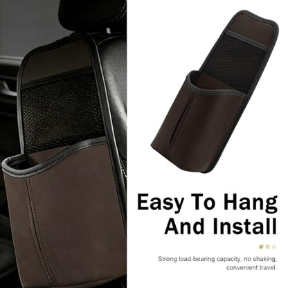 Car Tissue Holder, Car Leather Seat Side Hanging Storage Bag, Waterproof Multifunctional Hanging Card Cup Holder Storage Bag with Mesh Net, Universal for Most Cars (Brown) - color: Brown