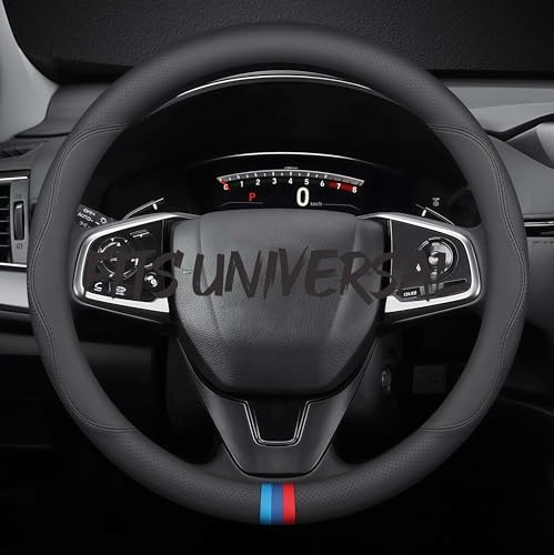Leather Car Steering Wheel Cover, Tricolor Sporty Style, Breathable Laser-Perforated, Pure Black Double Lines, 14.5-15 Inch for General Models - color: Three-color mark - pure black, size: 1-Universal