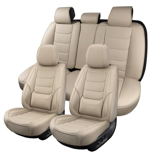 Beige Leather Car Seat Covers Full Set Breathable Seat Protectors Waterproof Automotive Seat Covers Universal Fit for Most Cars SUVs Trucks Vehicles - color: BEIGE2, size: Full Set